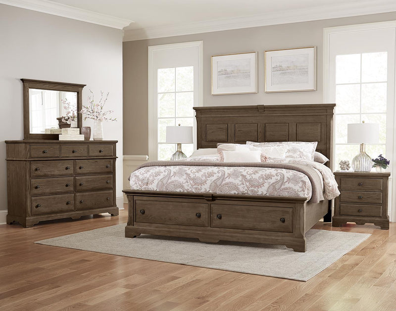 Vaughan-Bassett Heritage Queen Mansion Bed with Storage Footboard in Cobblestone Oak - Watson's 87 Furniture (Middlefield,OH)