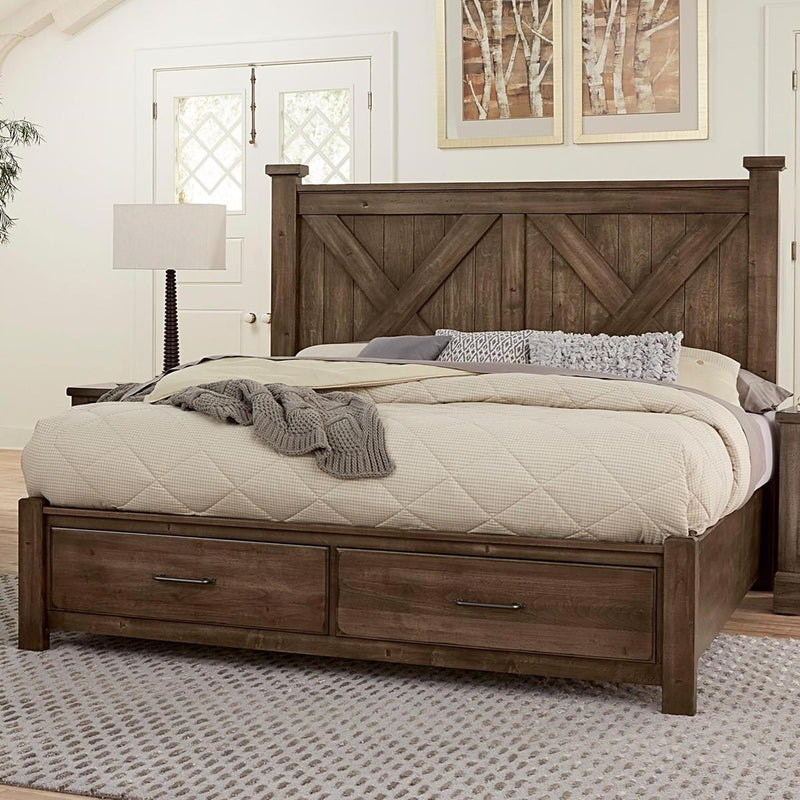 Vaughan-Bassett Cool Rustic Queen Barndoor X Headboard with Storage Footboard Bed in Mink - Watson's 87 Furniture (Middlefield,OH)