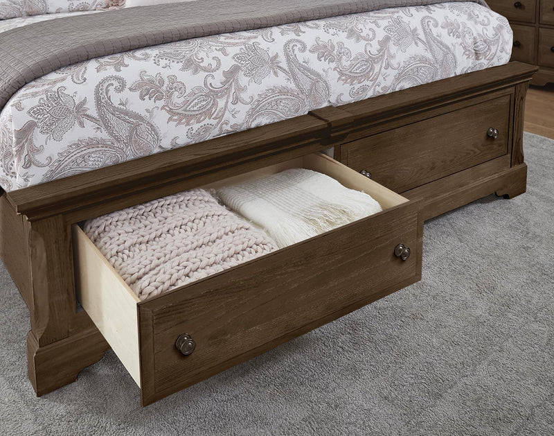 Vaughan-Bassett Heritage Queen Mansion Bed with Storage Footboard in Cobblestone Oak - Watson's 87 Furniture (Middlefield,OH)