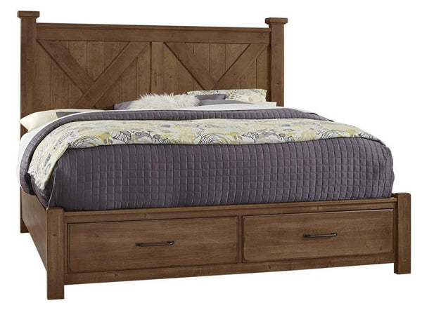 Vaughan-Bassett Cool Rustic Queen Barndoor X Headboard with Storage Footboard Bed in Amber