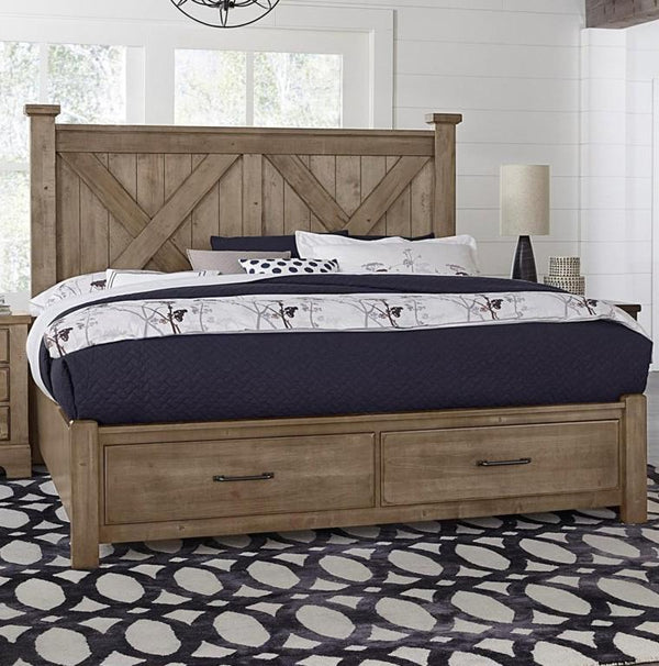 Vaughan-Bassett Cool Rustic Queen Barndoor X Headboard with Storage Footboard Bed in Stone Grey