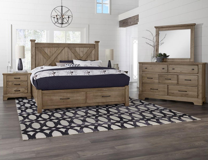 Vaughan-Bassett Cool Rustic Queen Barndoor X Headboard with Storage Footboard Bed in Stone Grey - Watson's 87 Furniture (Middlefield,OH)