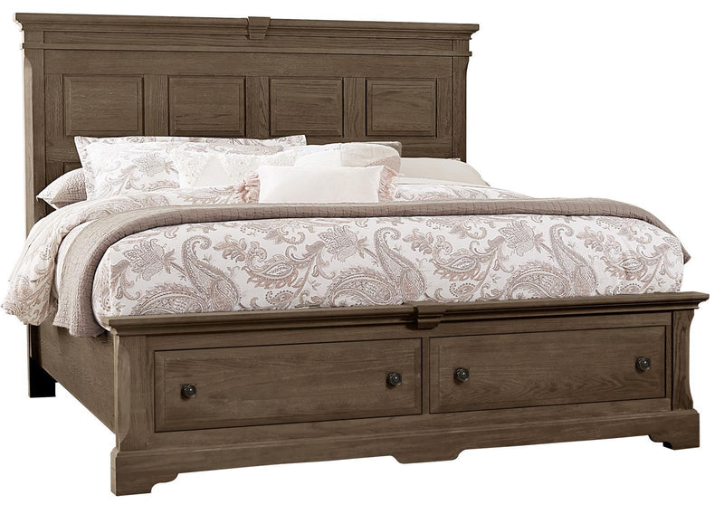 Vaughan-Bassett Heritage Queen Mansion Bed with Storage Footboard in Cobblestone Oak - Watson's 87 Furniture (Middlefield,OH)